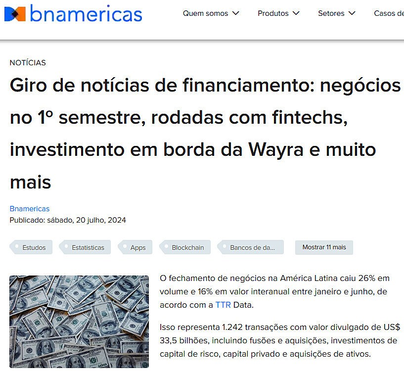 Giro de notcias de financiamento: negcios no 1 semestre, rodadas com fintechs, investimento em borda da Wayra e muito mais